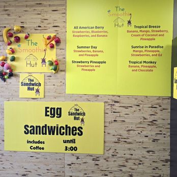 The Sandwich Hut - Left side wall with smoothies and egg sandwiches menu. - Salad Near Me - Hauppauge, New York The Sandwich Hut - Left side wall with smoothies and egg sandwiches menu. - Salad Near Me - Hauppauge, New York