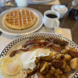 Valley Kitchen - Bacon, sausage, eggs, home potatoes, and a waffle.
