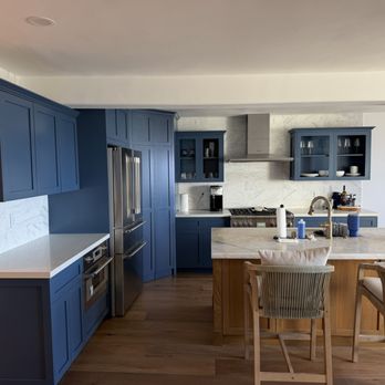Greko Construction - Blue Shaker Cabinets & Oak Shaker Island with quartz site tops - General Contractors Near Me - La Palma, California Greko Construction - Blue Shaker Cabinets & Oak Shaker Island with quartz site tops - General Contractors Near Me - La Palma, California