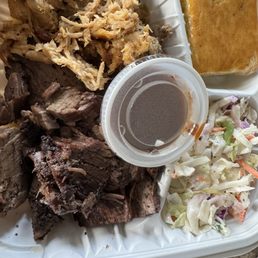 Pulled pork, brisket, Coleslaw, cornbread