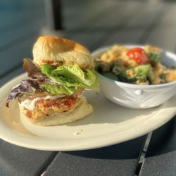 Tamarind Court Restaurant and Bar - Shrimp, crab and crawfish slider, topped with a citrus lemon aioli. Plus side of cuke, chickpea and feta salad. Just $10!