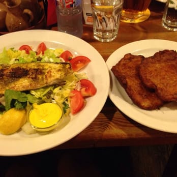 U Provaznice - Salad with trout and lime sauce. "Bramborak" -- fried potato pancake with garlic - Czech Near Me - Prague, Puerto Rico