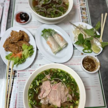 Pho #1 - Beef pho with rare steak and lean brisket (bottom), beef soup, broth only (top) - Vietnamese Near Me - Sunnyvale, California Pho #1 - Beef pho with rare steak and lean brisket (bottom), beef soup, broth only (top) - Vietnamese Near Me - Sunnyvale, California