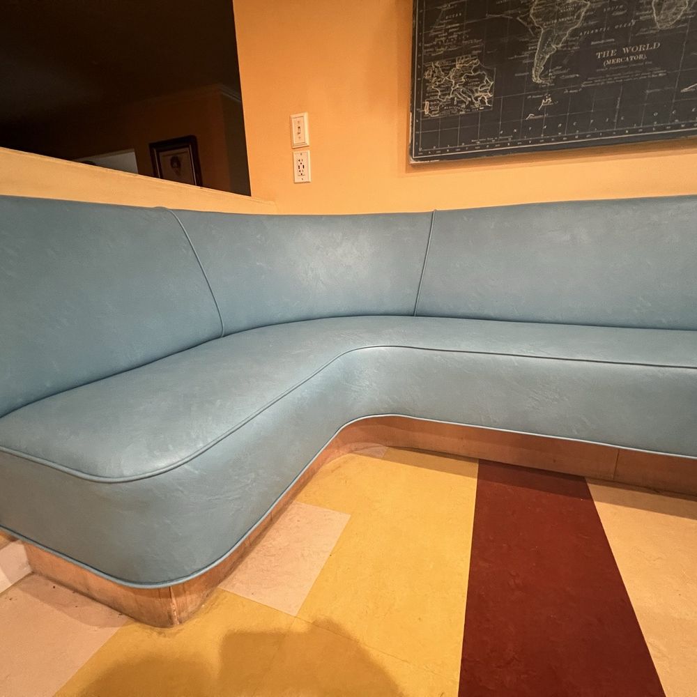 Kitchen banquette bench reupholstered better than new! Kitchen banquette bench reupholstered better than new!