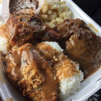 Scoopers Lunch Wagon - Seasoned Baked Chicken and Hamburger Steak Mix Plate - Food Trucks Near Me - Mililani, Hawaii Scoopers Lunch Wagon - Seasoned Baked Chicken and Hamburger Steak Mix Plate - Food Trucks Near Me - Mililani, Hawaii