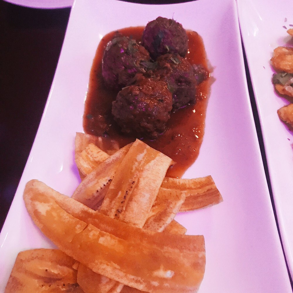 Sangarita's - Albóndigas (meatballs) with platano chips - Spanish Near Me - Bayside, New York Sangarita's - Albóndigas (meatballs) with platano chips - Spanish Near Me - Bayside, New York