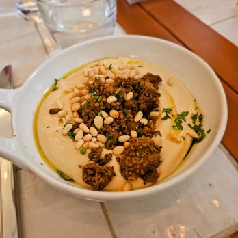 Mama Mezze - Spiced Beef Hummus- Baharat, pine nuts. $16. Was served with a nice laffa. OK flavors/textures - Mediterranean Near Me - New York, New York Mama Mezze - Spiced Beef Hummus- Baharat, pine nuts. $16. Was served with a nice laffa. OK flavors/textures - Mediterranean Near Me - New York, New York