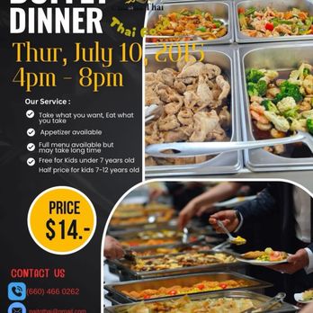 Cha Da Thai - Thai Buffet Dinner: adult $14, 7-12yrs half price, kids under 7 FREE  Thursday July 10, 2025 4pm-8pm - Thai Near Me - Syracuse, Missouri