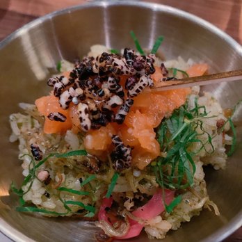 Kochi - Spicy pollock roe, brown soy butter rice, candied anchovy, toasted seaweed purée - Korean Near Me - New York, New York Kochi - Spicy pollock roe, brown soy butter rice, candied anchovy, toasted seaweed purée - Korean Near Me - New York, New York