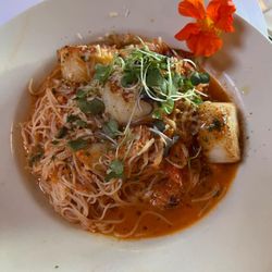 Bay View Restaurant & Lounge - Seafood pasta. Lobster, prawns, scallops, Dungeness crab in a cream sauce, over linguini pasta.