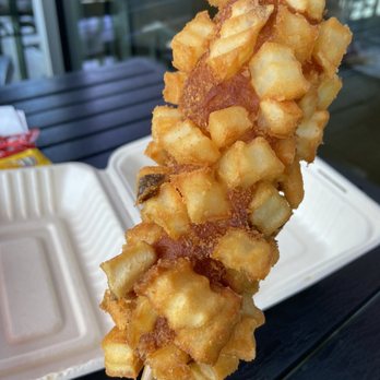 Mochinut - Half & half hot dog with potato toppings - Donuts Near Me - Sacramento, California Mochinut - Half & half hot dog with potato toppings - Donuts Near Me - Sacramento, California