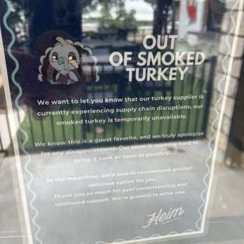 Heim Barbecue - Out of Smoked Turkey Sign - Barbeque Near Me - Weatherford, Texas