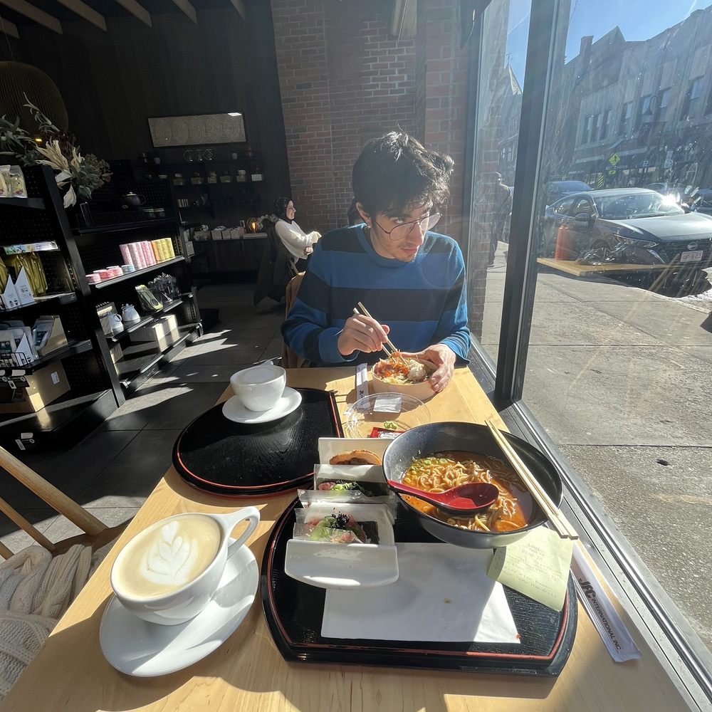 Spicy miso soup, brewed Earl gray latte, negi toro hand rolls, and the sashimi bowl at our favorite seat by the window Spicy miso soup, brewed Earl gray latte, negi toro hand rolls, and the sashimi bowl at our favorite seat by the window