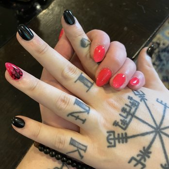 JV Healthy Nails and Spa - My hand all pink sns almondshape. Then black round acrylic with a pink stiletto style/almond accent nail w/ black spider web - Nail Salons Near Me - Bee Cave, Texas JV Healthy Nails and Spa - My hand all pink sns almondshape. Then black round acrylic with a pink stiletto style/almond accent nail w/ black spider web - Nail Salons Near Me - Bee Cave, Texas