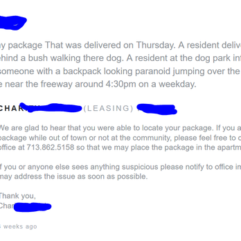 Camden Heights Apartments - Anonymized image from the private message board, showing example of package theft - Apartments Near Me - Houston, Texas