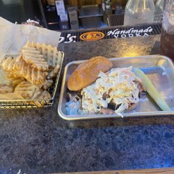 Smokey Jose's - Pulled pork sandwich, and waffle fries.