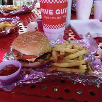 Five Guys - little bacon cheeseburger, w/ pickles, jalapeños, grilled onions, mustard, ketchup, BBQ sauce, mayo and French fries - Fast Food Near Me - Fresno, California