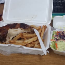 Sabor & Tradicion - Quarter chicken with fries and salad $6 ! With spicy green sauce and mild yellow sauce