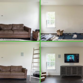 Snappymount - Before and After mounting of 5 OFE speakers. One to each side of the couch, one to each side of the TV, and one under the TV. Cables hidden. - TV Mounting Near Me - Sterling, Virginia