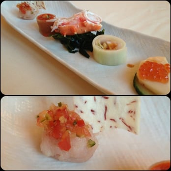 Nishino - 1st course of omakase menu (9/7/13) tuna, salmon, king crab, ikura. - Sushi Bars Near Me - Seattle, Washington
