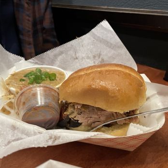 Heavy Riff Brewing - Smoked Pulled pork Sandwich with cheesy scalloped potatoes and house bbq sauce. - Breweries Near Me - Saint Louis, Missouri Heavy Riff Brewing - Smoked Pulled pork Sandwich with cheesy scalloped potatoes and house bbq sauce. - Breweries Near Me - Saint Louis, Missouri