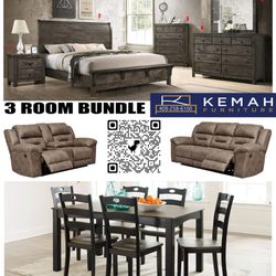 Kemah Furniture Outlet - 3 room bundle! 5pc bed set, 6 seat dining table and sofa/love seat reclining set only $40 down! 409-258-6100 for more info. Se habla espanol