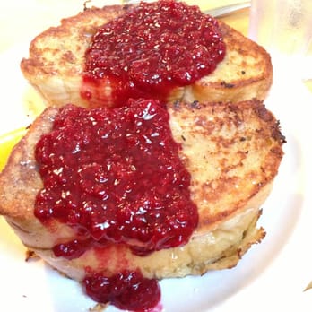 Loula's Cafe - Lemon Stuffed French Toast with fresh Raspberry Jam...three inches thick! - Breakfast & Brunch Near Me - Whitefish, Montana