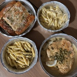 Chicken piccata, kids Alfredo and bread