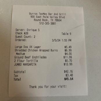 Burros Tex Mex Bar and Grill - The bill, what is $4 medium? - Cocktail Bars Near Me - Round Rock, Texas Burros Tex Mex Bar and Grill - The bill, what is $4 medium? - Cocktail Bars Near Me - Round Rock, Texas