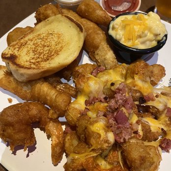Old Texas Brewing - Fried Fish and Shrimp Combo with Loaded tater tots. Mac and cheese portion is comparably small so I'd recommend a different side. - Breweries Near Me - Burleson, Texas