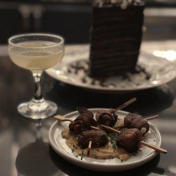 B&GC - Bacon wrapped dates, Pandan Express cocktail and mile high chocolate cake. - Speakeasies Near Me - Denver, Colorado B&GC - Bacon wrapped dates, Pandan Express cocktail and mile high chocolate cake. - Speakeasies Near Me - Denver, Colorado