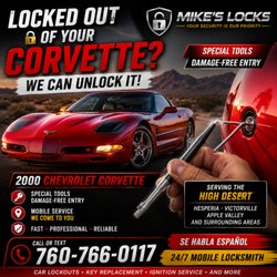 Mike's Locks - Yelp Photo Caption
2000 Chevrolet Corvette Lockout | High Desert
Mike's Locks professionally unlocked this 2000 Chevrolet Corvette u