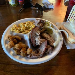 Twisted 6 BBQ - Sliced brisket, fried okra, Mac cheese