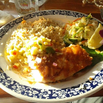Kimo's Maui - Coconut Crusted Fish, Pineapple Salsa, Basmatti Rice, and Asian-type salad. - Seafood Near Me - Lahaina, Hawaii Kimo's Maui - Coconut Crusted Fish, Pineapple Salsa, Basmatti Rice, and Asian-type salad. - Seafood Near Me - Lahaina, Hawaii