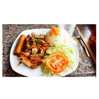 Pho Thai Son - BBQ chicken, white rice and an egg roll with a nice cold glass of sweet tea this dish was so yummy, especially on this rainy day - Vietnamese Near Me - Austin, Texas Pho Thai Son - BBQ chicken, white rice and an egg roll with a nice cold glass of sweet tea this dish was so yummy, especially on this rainy day - Vietnamese Near Me - Austin, Texas
