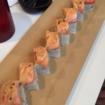 Eiko's - Oxbow - Lion roll. Salmon on top is torched. - Sushi Bars Near Me - Napa, California Eiko's - Oxbow - Lion roll. Salmon on top is torched. - Sushi Bars Near Me - Napa, California