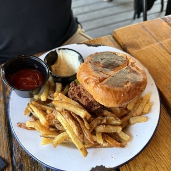 The Stave - Hot chicken and fries.  Pickle juice was not overpowering. - Southern Near Me - Frankfort, Kentucky