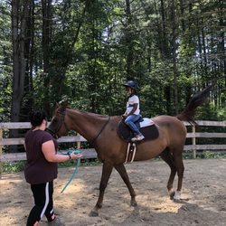 The Horsey Hostess - Casey leading the horse and explaining proper technique to the young rider.