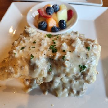 Maybank Public House - Biscuits and gravy with fresh fruit. - American Near Me - Charleston, South Carolina Maybank Public House - Biscuits and gravy with fresh fruit. - American Near Me - Charleston, South Carolina