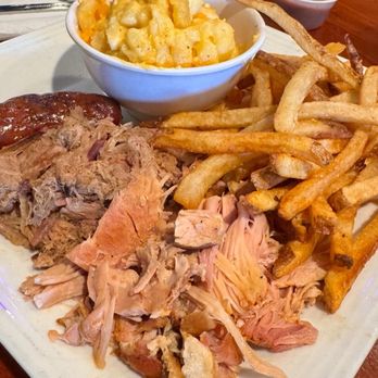 Vision BBQ - Three Meat Plate with Two Sides: smoked chicken, pulled pork and house made sausage that snaps! Hand cut fries & Mac&Cheese - Southern Near Me - Charlottesville, Virginia