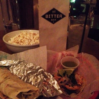 The Bitter Bar - Vegetarian burrito, chicken taco and the Kiss the Sky cocktail (one of my favs) - Cocktail Bars Near Me - Boulder, Colorado