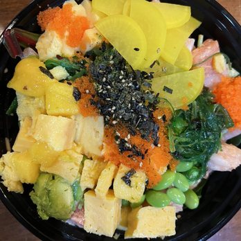 Hawaiian Poke - Med bowl with salmon, shrimp and ahi hidden under loads of toppings - Poke Near Me - Dublin, California