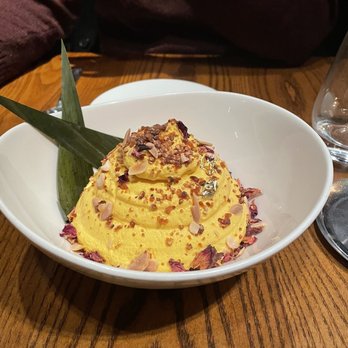 Indian Accent - Makhan Malai, Saffron Milk, Rose Petal Jaggery Brittle, Almonds - Indian Near Me - New York, New York Indian Accent - Makhan Malai, Saffron Milk, Rose Petal Jaggery Brittle, Almonds - Indian Near Me - New York, New York