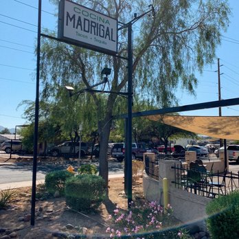 Cocina Madrigal - Restaurant sign at the corner with main door entrance is by the parking lot. - Tacos Near Me - Phoenix, Arizona