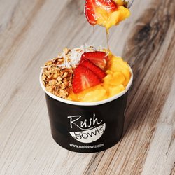 Rush Bowls - Paradise Bowl - Mango, Pineapple, Guava juice, Froyo | Topper: Granola, Honey + 1 additional topping