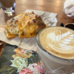 French Press - Cortado with cheese and spinach scone