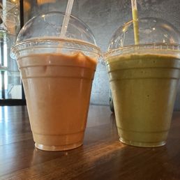 Huckleberry latte and iced matcha with oat milk Huckleberry latte and iced matcha with oat milk