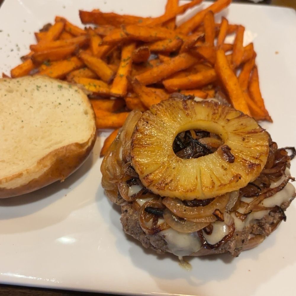 River City Ale House and Eatery - Hawaiian burger with sweet potato fries - Bars Near Me - Dixon, Illinois River City Ale House and Eatery - Hawaiian burger with sweet potato fries - Bars Near Me - Dixon, Illinois