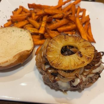 River City Ale House and Eatery - Hawaiian burger with sweet potato fries - Bars Near Me - Dixon, Illinois River City Ale House and Eatery - Hawaiian burger with sweet potato fries - Bars Near Me - Dixon, Illinois