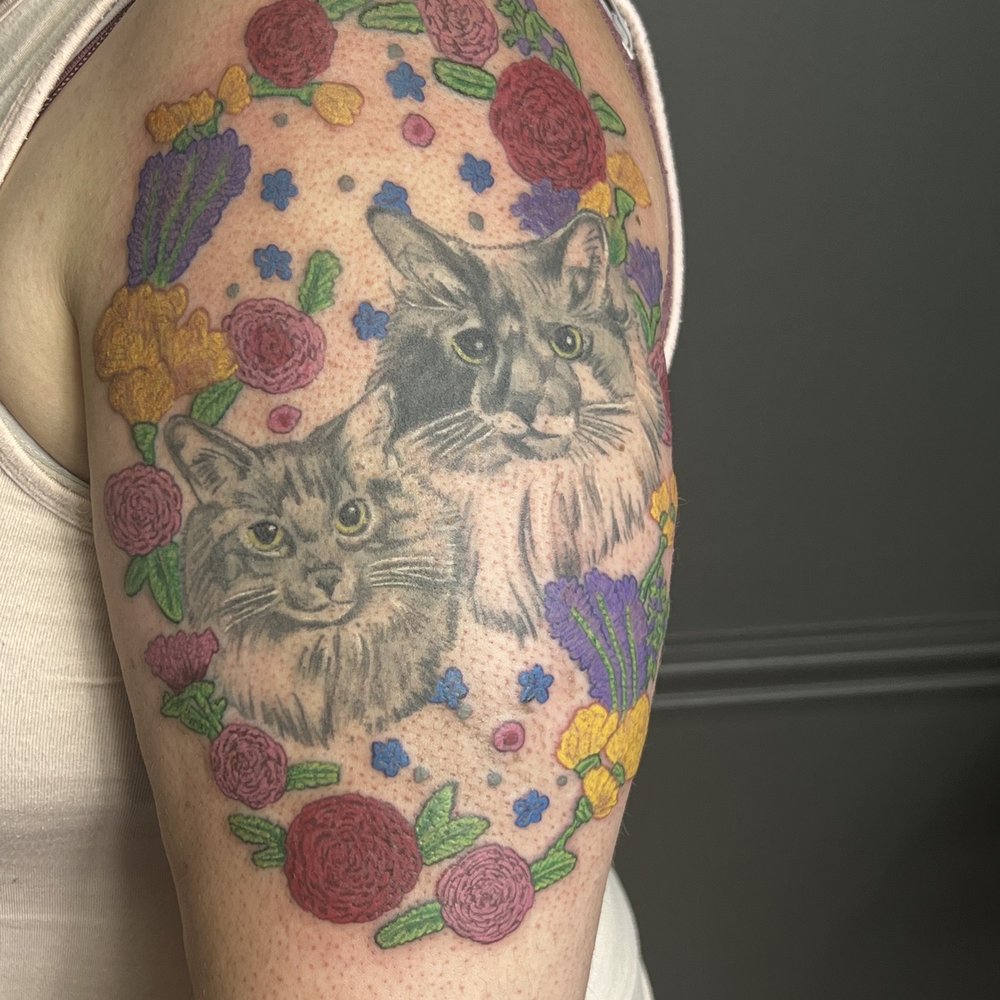 Tattoo Garden - Kitties and embroidery flowers - Tattoo Near Me - Everett, Washington Tattoo Garden - Kitties and embroidery flowers - Tattoo Near Me - Everett, Washington